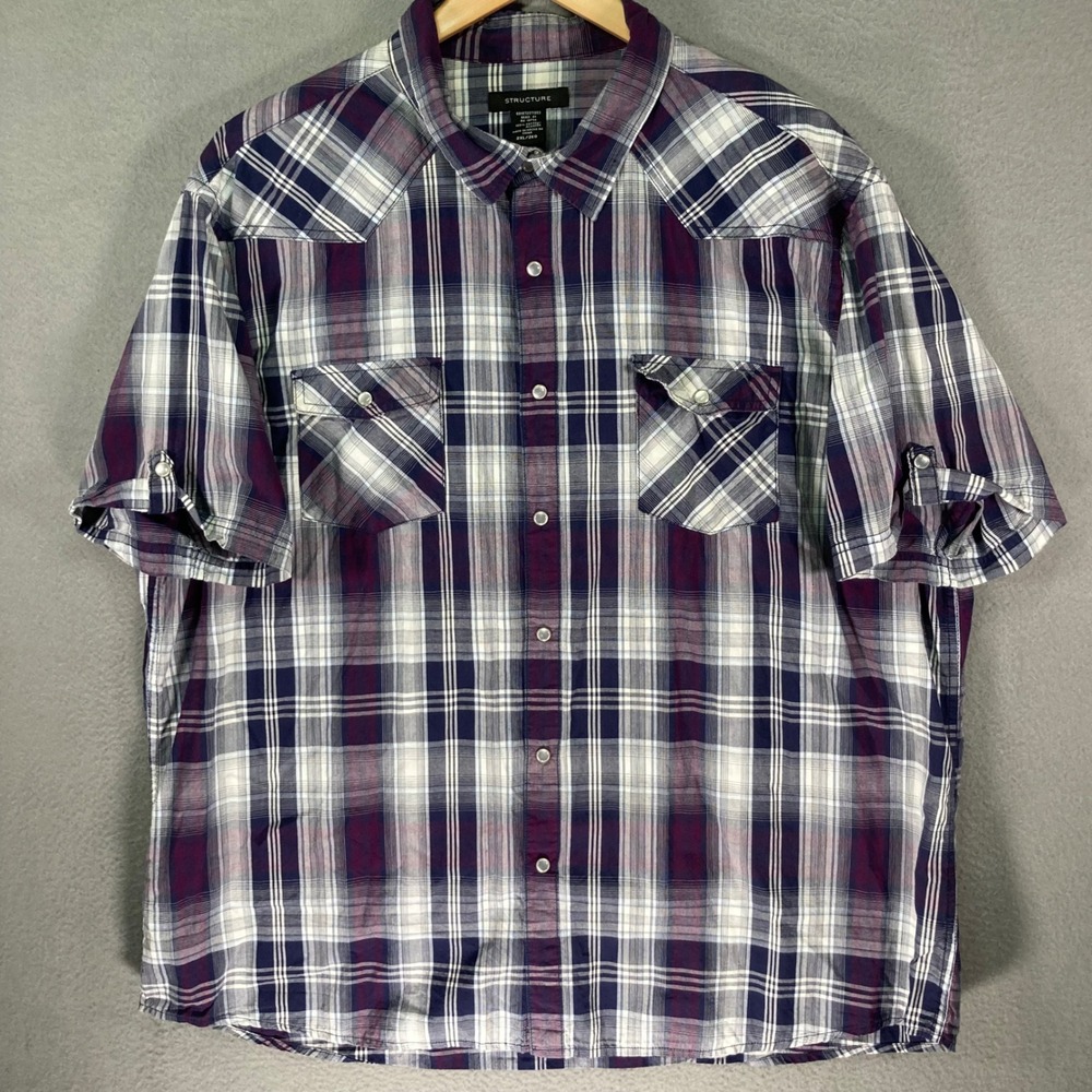 STRUCTURE Mens XXL Plaid‎ Short Sleeve Western Snap Front Shirt Size 2XL